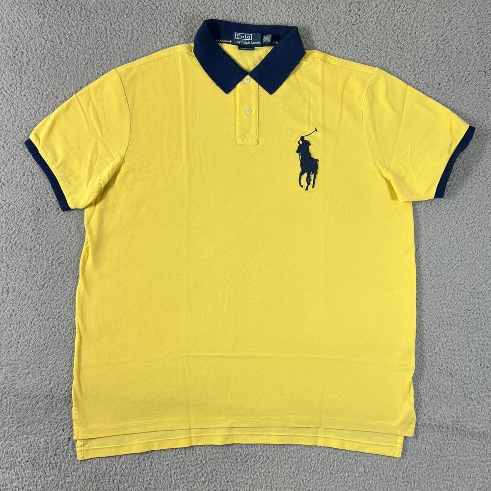 Polo Ralph Lauren Polo Shirt Men XXL Yellow Navy Big Pony Custom Fit Vintage NWT
